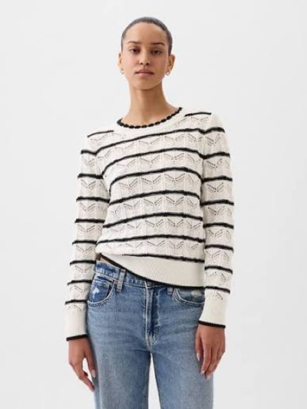NWT GAP White and Black Striped Open-Knit Crew Sweater, sz S